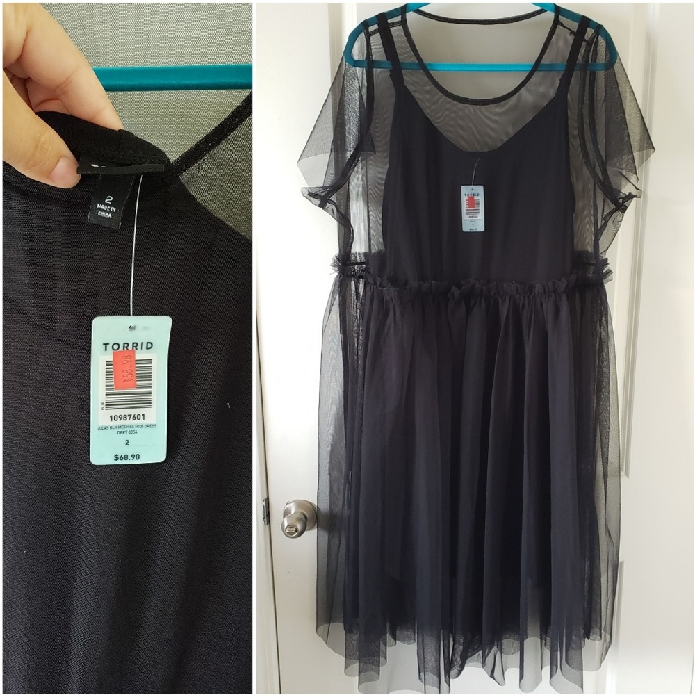 Black dress body con dress with mess overlay